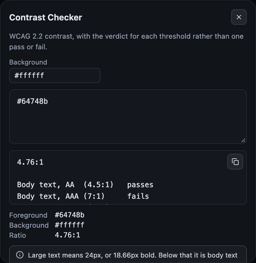The Contrast Checker tool reporting a 4.76 to 1 ratio with a separate verdict for each WCAG threshold.