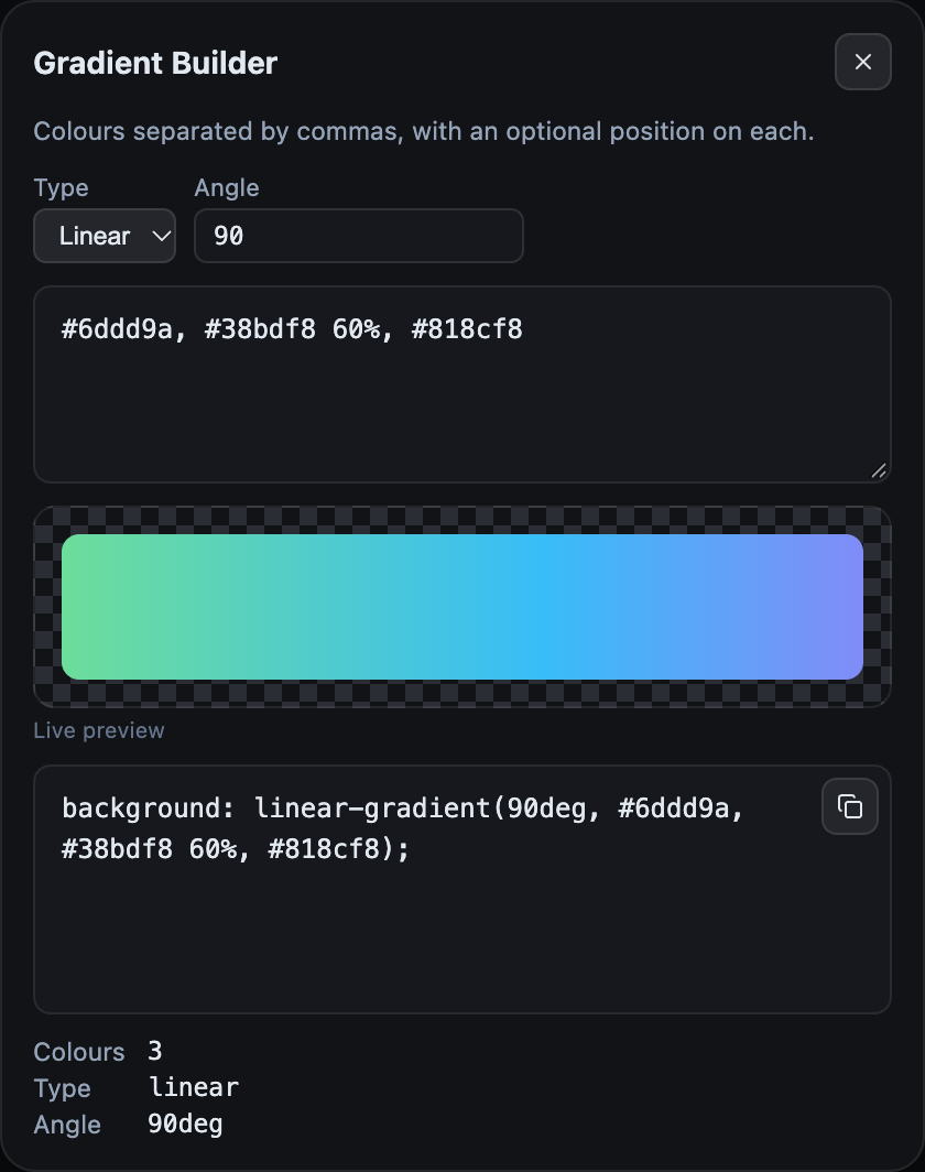 The Gradient Builder tool showing three colour stops, a live preview of the gradient, and the generated CSS declaration.