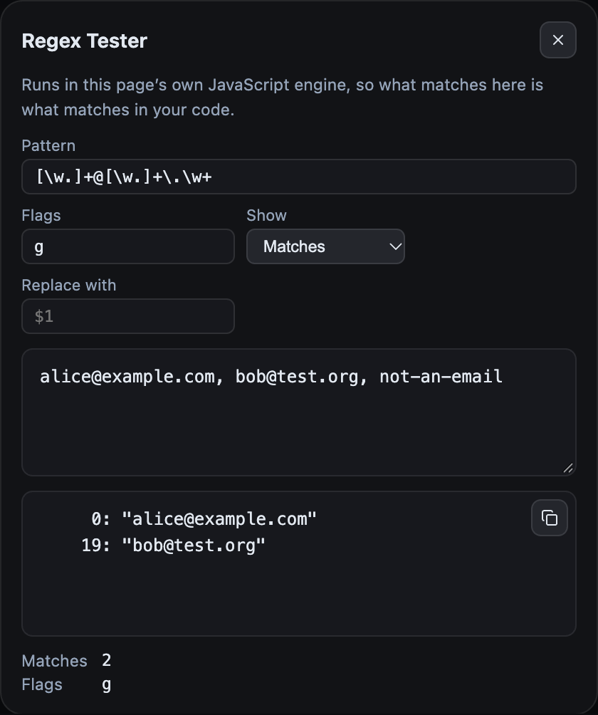 The Regex Tester tool matching two email addresses in a line of text and reporting their offsets.